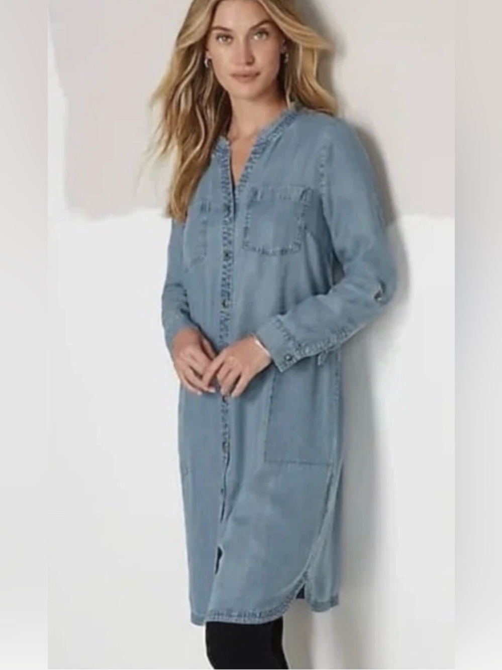 J.Jill Blue Denim Tencel Women's Fringe Neck Button-Front Shirt Dress Size Small